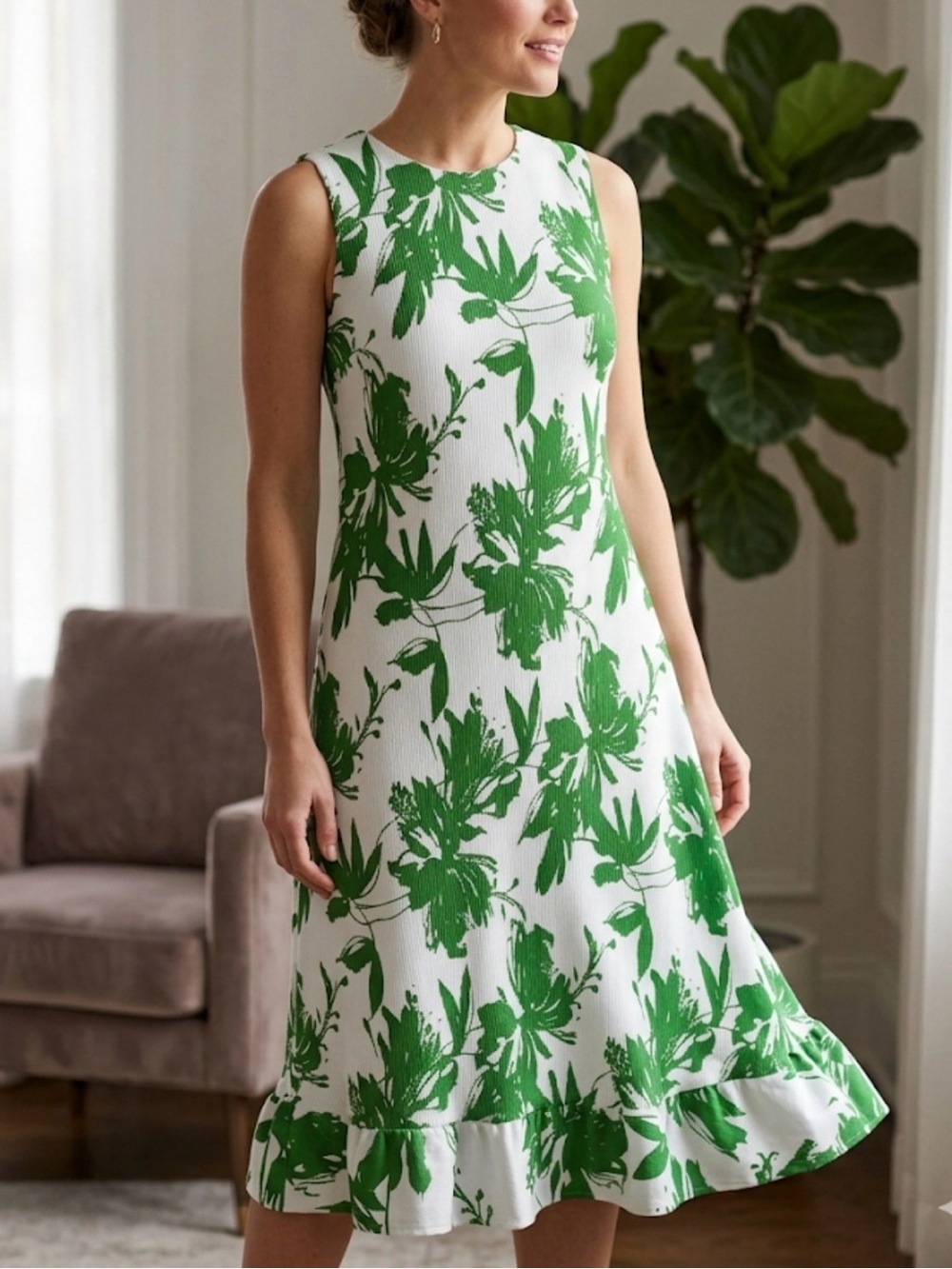 Taylor White Midi Dress with Green Floral Print size S